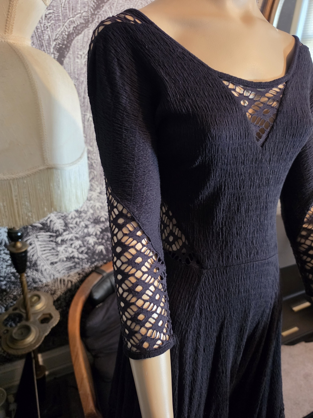 Free People To The Point Black Lace Inset Fit Flare Mini Dress XS - Picture 2 of 7